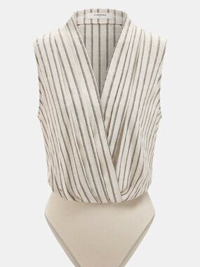 Commense Cotton Linen Striped Sleeveless Wrap Bodysuit S